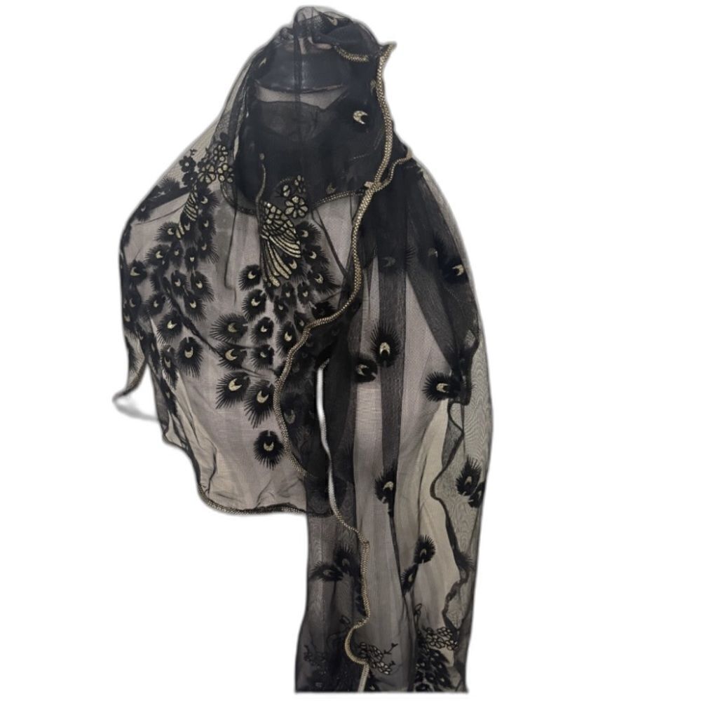 Peacock Scarf in Sheer Black with Seamed